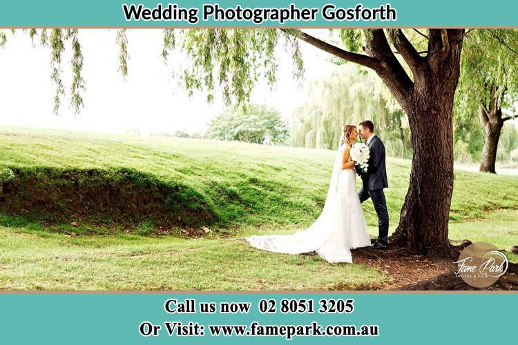 Romantic photo of the Bride and the Groom under the tree Gosforth NSW 2320