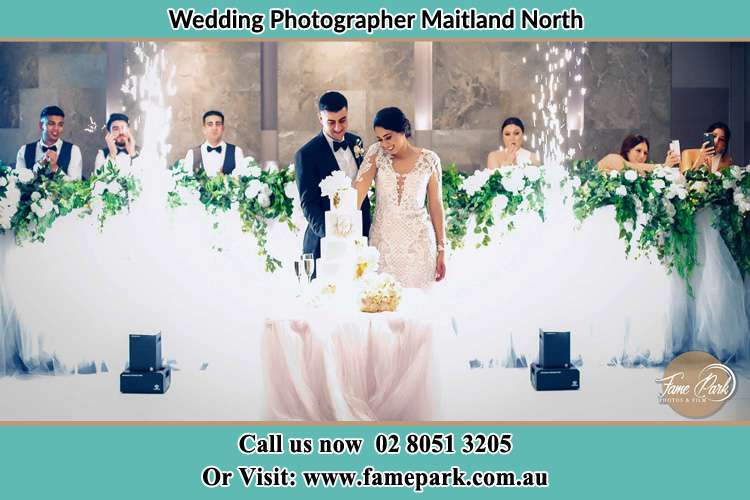 Photo of the Bride and Groom taking the first slice of their wedding cake Maitland North